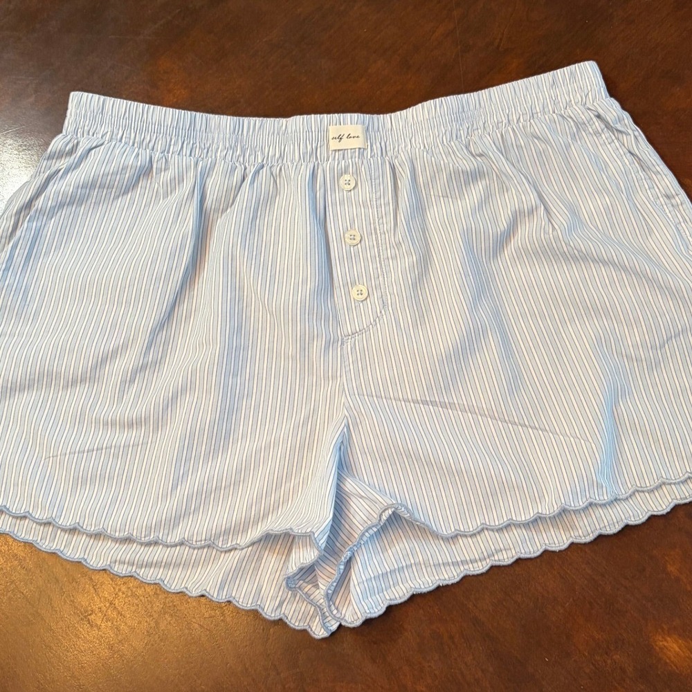 Self Love Women Blue White Striped Shorts Scalloped Hem Large‎